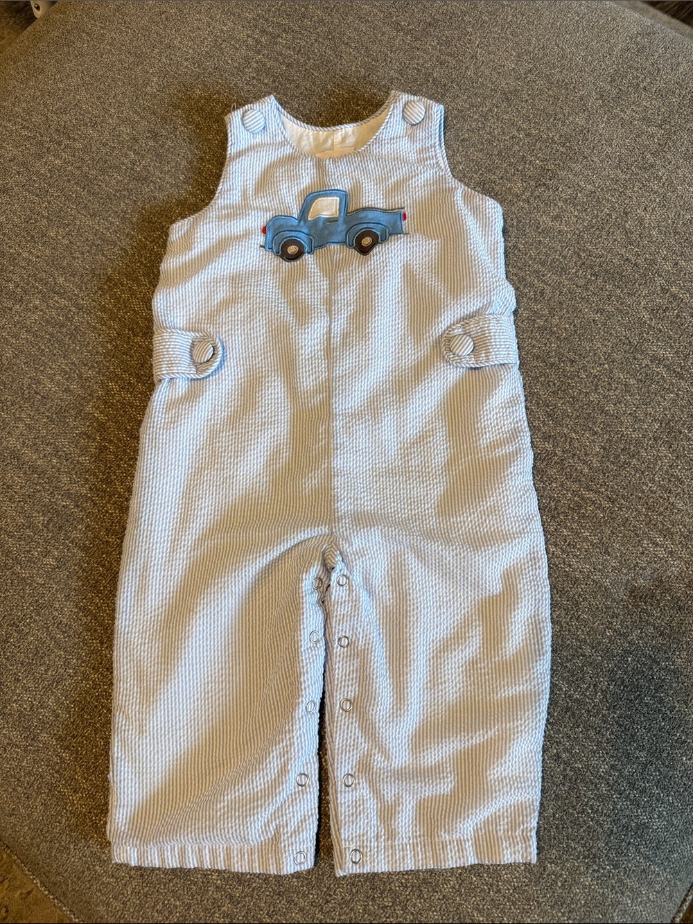 Light Blue Seersucker Jon Jon with Truck Appliqué